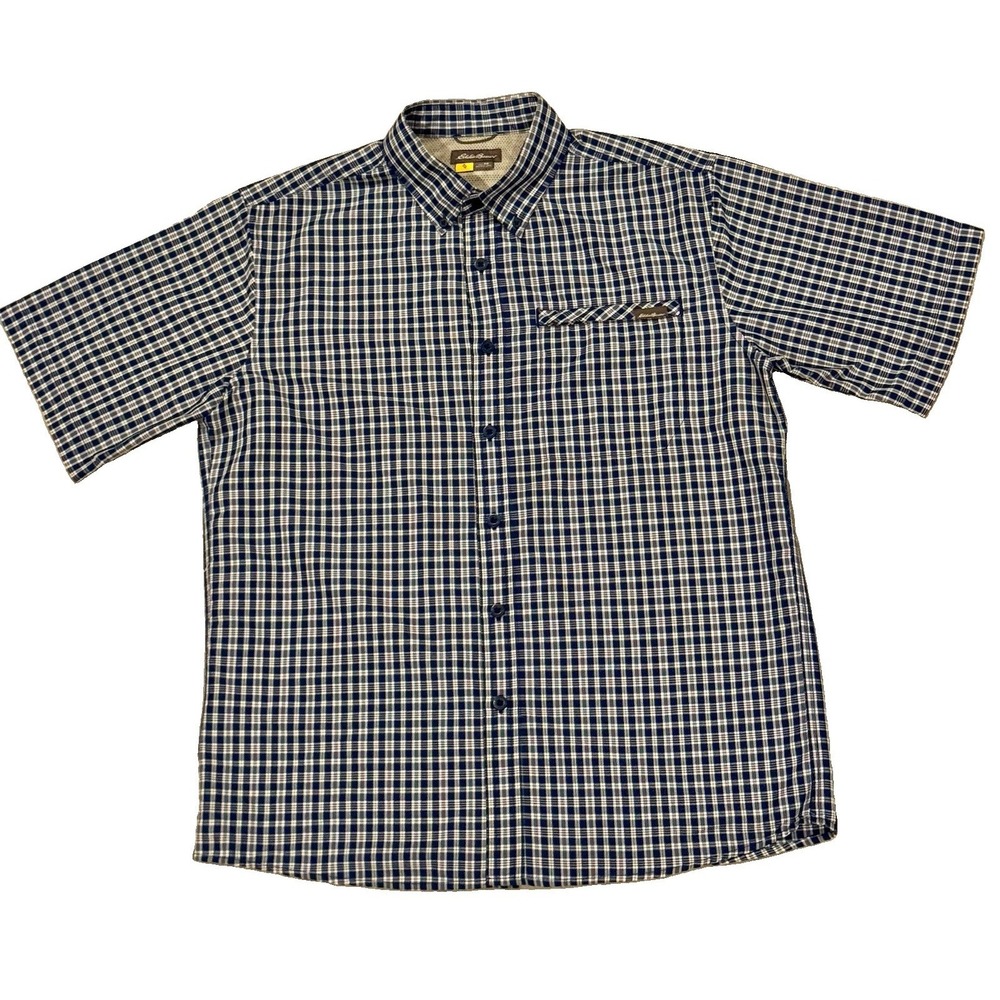 Eddie Bauer Mens M Blue Plaid Short Sleeve Vented Hiking Fishing Shirt